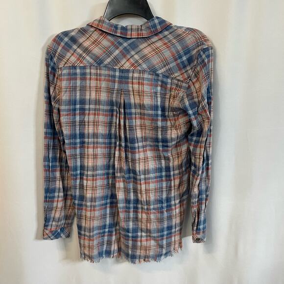 Cloth & Stone Aberdeen Indigo Plaid Check Raw Hem Frayed Top Small - Picture 7 of 7